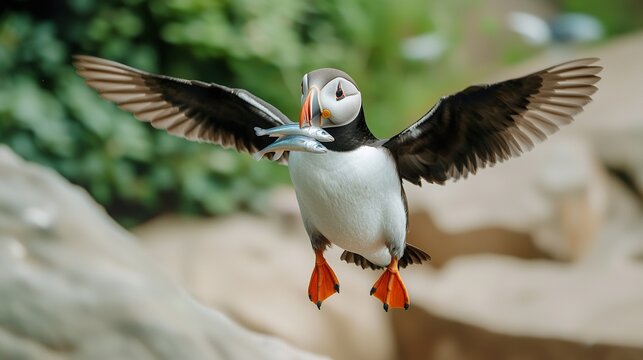 Puffin with a beak full of fish flying towards its nest on a rocky cliff, busy, coastal