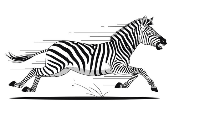 Adult zebra running at high speed with its mouth open and mane blowing back on a white background in sketch style.