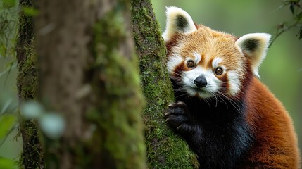 Naklejka premium Red panda climbing a moss-covered tree, agile, unique, misty forest
