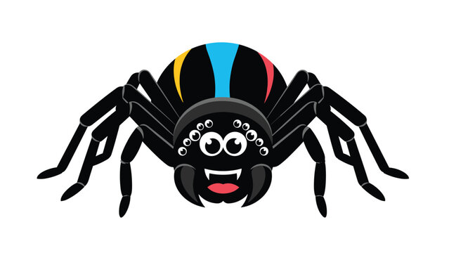 Large black spider with colorful stripes on its back and a friendly face on a white background in cartoon style.