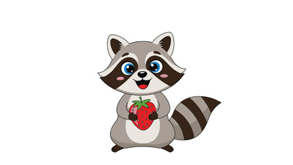 Fototapeta premium Adorable baby raccoon with big blue eyes holds a large ripe strawberry with both paws in this sweet and charming animal illustration.
