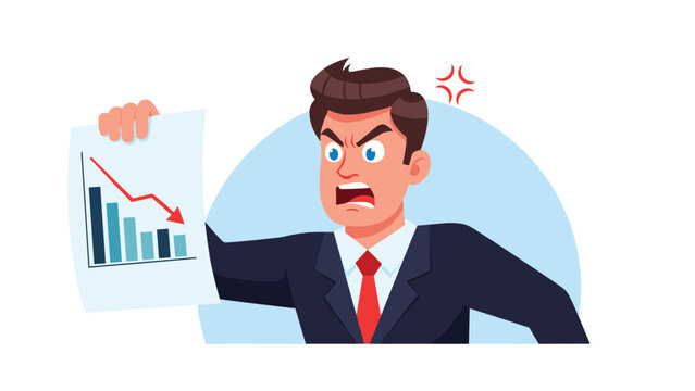 Frustrated businessman in a professional suit yells in anger while holding a document showing a downward trending graph of sales.