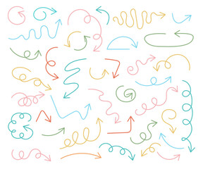 Fototapeta premium Colorful Arrows thin fluid hand drawn doodle set Scribble spiral swirl sign wave arc loop collection
