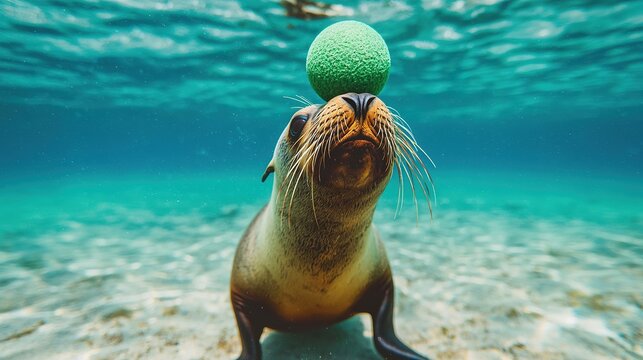 Sea lion balancing a ball on its nose in clear ocean water, playful, intelligent marine life