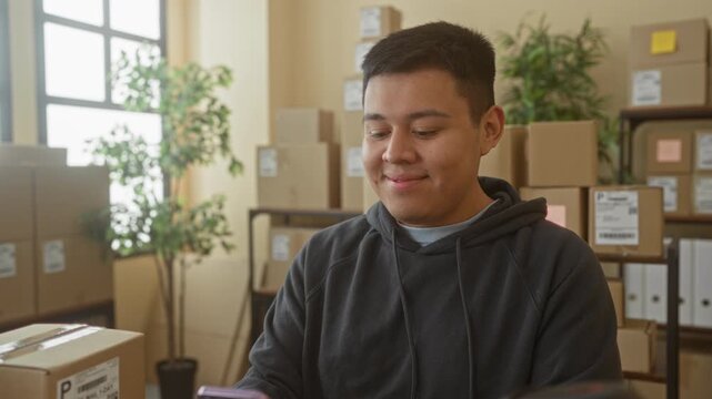 Man holds smartphone in hands and smiles over shipping parcels inside a building; small business satisfaction.