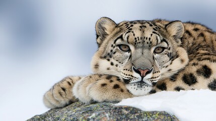 Fototapeta premium Snow leopard resting on a snowy rock, perfectly blended, elusive, cold mountains