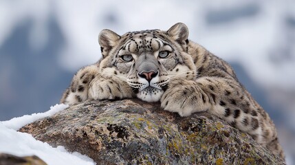 Obraz premium Snow leopard resting on a snowy rock, perfectly blended, elusive, cold mountains
