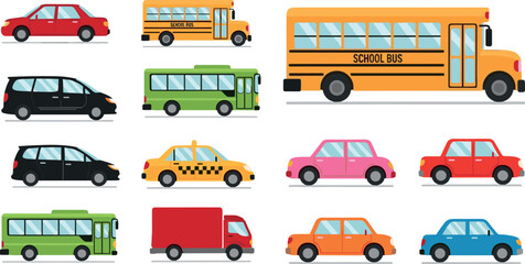 Set of Different Vehicle Icons including Cars, Buses, and Vans for Transportation, Travel, and Automobile Design Projects © MstBobita