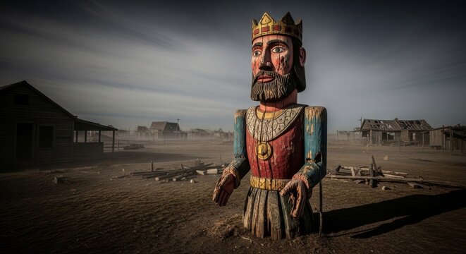 Mutilated Wooden King Effigy Stands in Barren Landscape