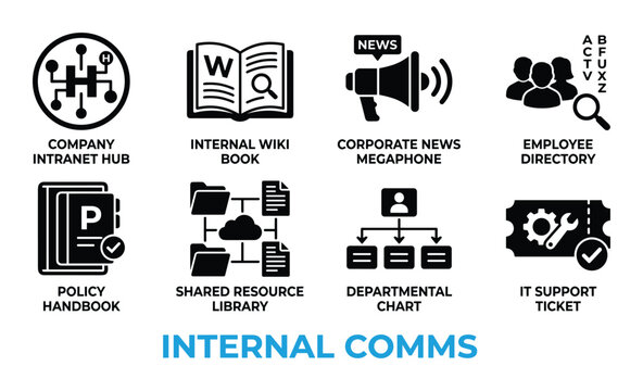 Internal communication icons for company intranet employee directory news and IT support.