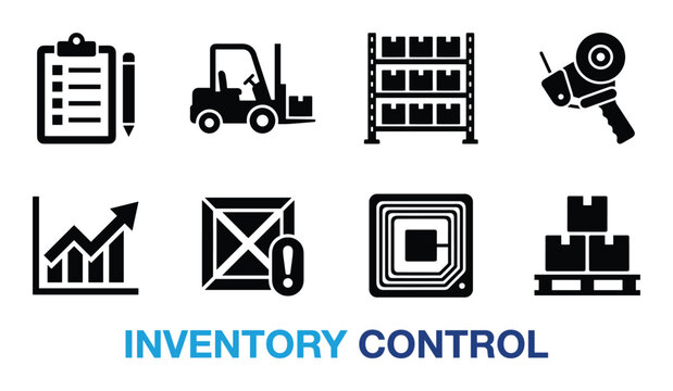 Inventory control icons set checklist forklift warehouse shelving tape measure graph alert.