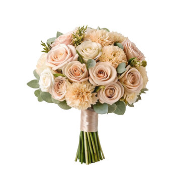 Soft beige and blush wedding bouquet with roses and greenery in modern design