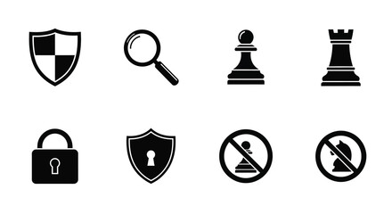 A collection of black glyph icons depicting chess pieces security elements and prohibition symbols high quality professional detailed © ArtBySalea07