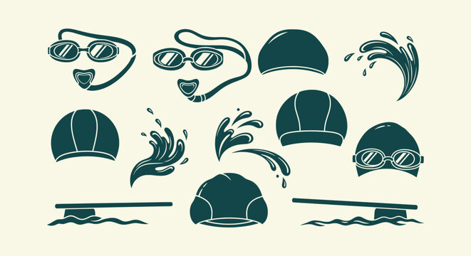 Collection of professional swimming equipment icons like goggles, caps, splashes and diving boards.
