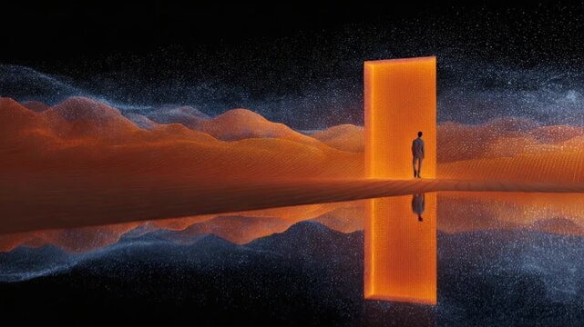 The Path Beyond the Horizon: A solitary figure approaches an illuminated portal, its reflection mirrored on a tranquil surface, in a scene that evokes both mystery and aspiration.