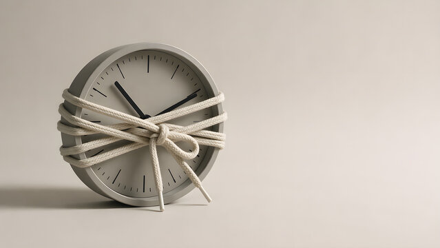 Clock wrapped in knotted shoelace for frustration concept