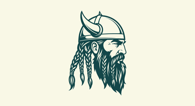 Powerful Viking warrior head profile illustration with horned helmet long beard and braided hair.