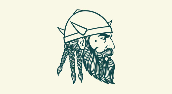 Bearded Viking Warrior Mascot Head with Horned Helmet and Braided Hair Vector Profile Illustration.