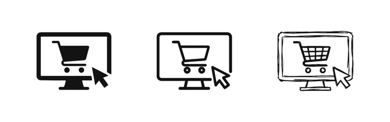E-Commerce and Online Shopping Monitor Icon Set with Cart © drawing lines