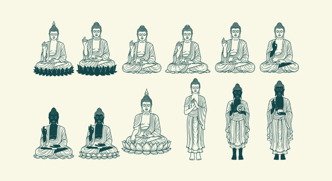 Set of Buddha Statue Line Art Illustrations in Different Meditation Mudras and Spiritual Poses.