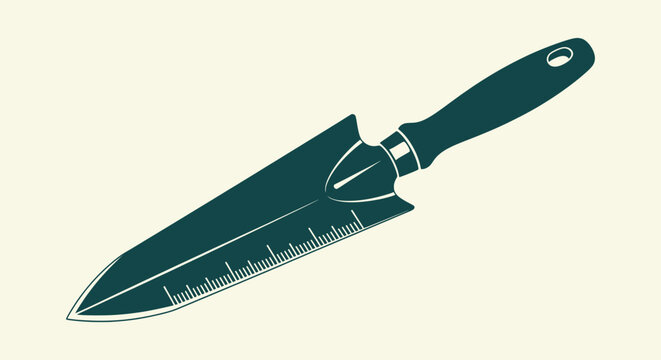 Professional silhouette vector illustration of a garden hand trowel with depth markings for planting.
