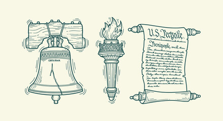 Patriotic USA Heritage Icons Liberty Bell Torch and Scroll Woodcut Style Vector Illustration Design © vectorial