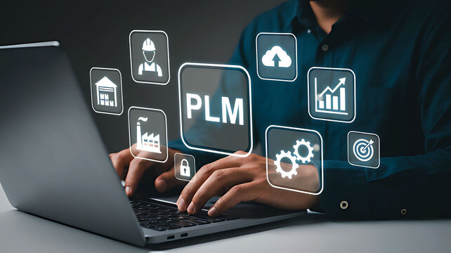 Businessman using digital PLM interface for product lifecycle management system