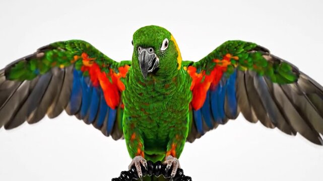 Vibrant Parrot Spreads Wings, Isolated on White Background.