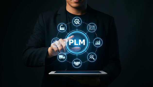 Businessman using digital PLM interface for product lifecycle management tech