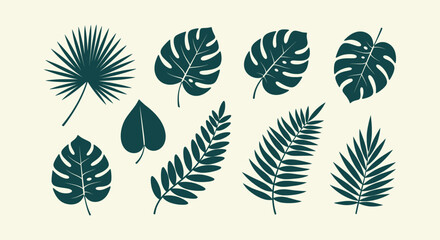Tropical leaf silhouettes set with monstera and palm tree leaves isolated on cream background. © vectorial