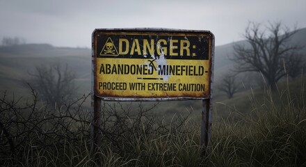 Fototapeta premium Danger Abandoned Minefield Warning Sign