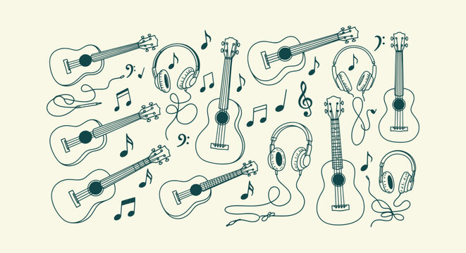 Hand drawn music doodle set with ukulele guitars headphones and musical notes on beige background