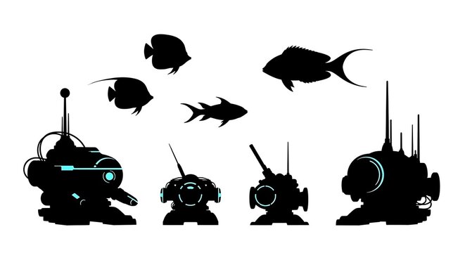 Underwater Robots and Silhouettes of Fish.