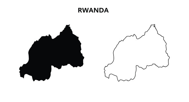 A graphic depiction showcases rwanda s silhouette in both filled black and white outline forms high quality professional
