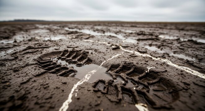 Deep Mud Bootprints on Wet Ground
