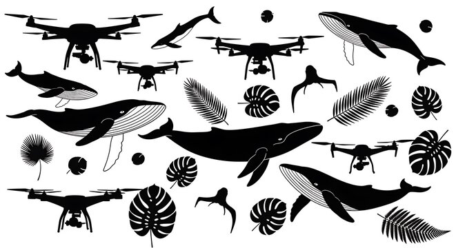 Collection of Whales and Drones Silhouettes with Tropical Leaves and Seashells.
