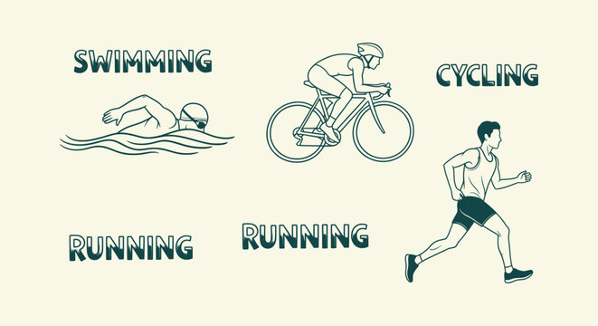 Minimalist line art illustration set of triathlon sports swimming cycling and running icons vector