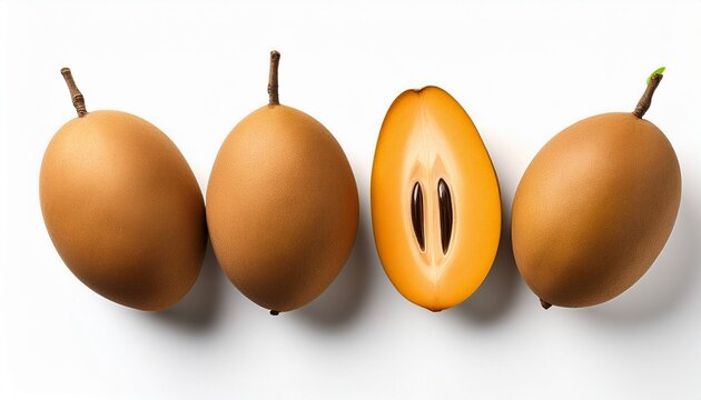 sapodilla fruit isolated on a white background in flat lay
