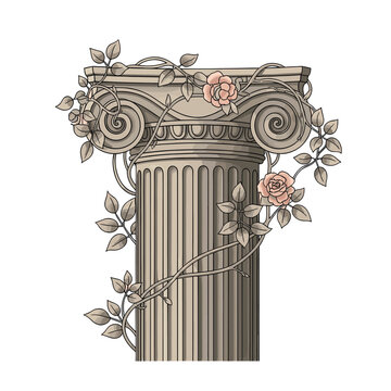 Ancient Ionic column wrapped in vines and roses for classical garden decor