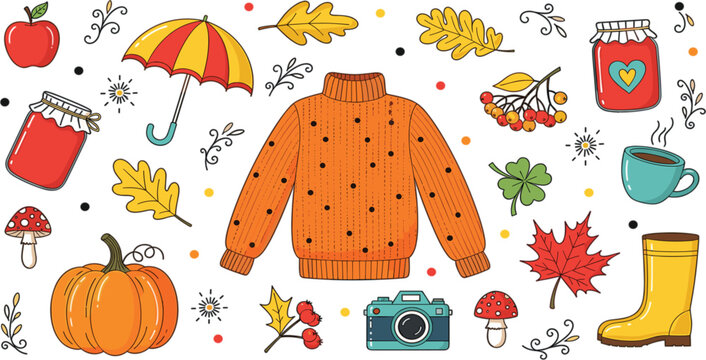 Autumn elements collection with sweater pumpkin leaves umbrella boots and cozy fall objects seasonal lifestyle vector illustration set