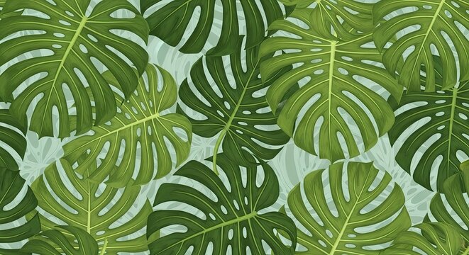 A vibrant green and white tropical leaf pattern with a monstera leaf in the center, surrounded by other leaves in a seamless repeat pattern.