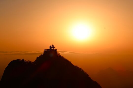 Laojun Mountain silhouette at sunset, Henan, China