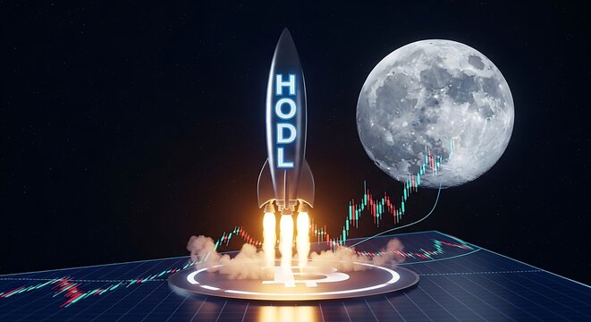 A rocket labeled HODL launches into space at night with a full moon.