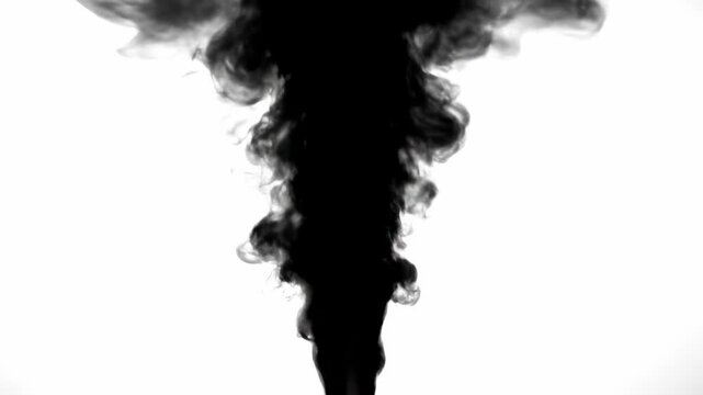 Abstract black smoke rising against a clean white background