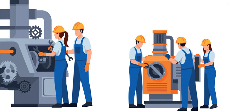 Industrial Workers Performing Maintenance on Machinery for Factory, Engineering, and Manufacturing Design Projects