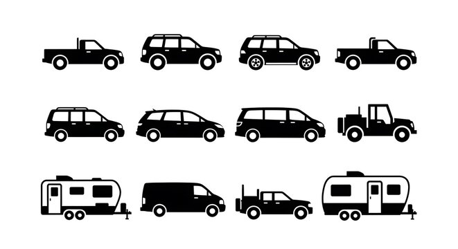 Vehicles and trailers in profile.