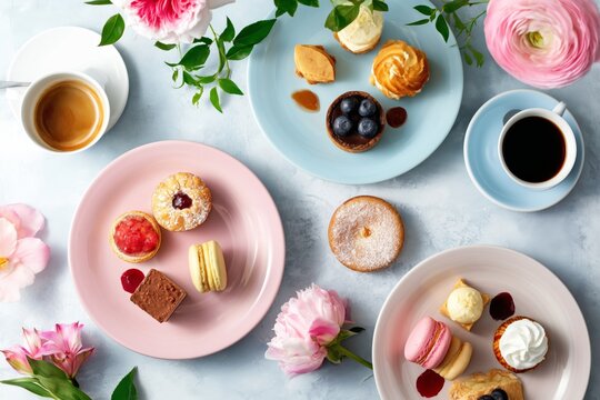 Delicious Desserts and Coffee Served on a Table With Flowers in a Caf Setting