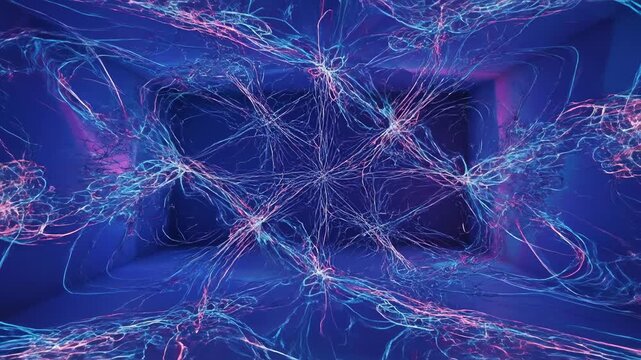 Abstract blue and purple room with textured lines and a dimensional depth