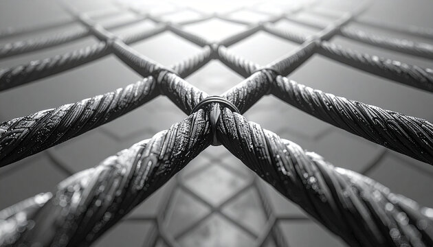 Abstract Iron Grid: A close-up view of an intricate iron grid, with thick, textured steel cables crisscrossing, creating a sense of strength, structure, and industrial design.