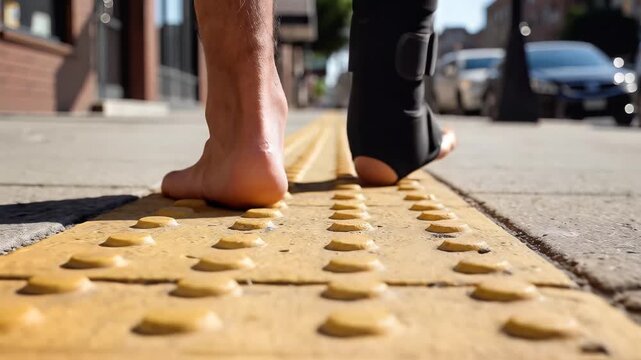 Man walking on tactile pavement, prosthetic leg, urban setting, sunny day, symbolizing resilience and adaptation.